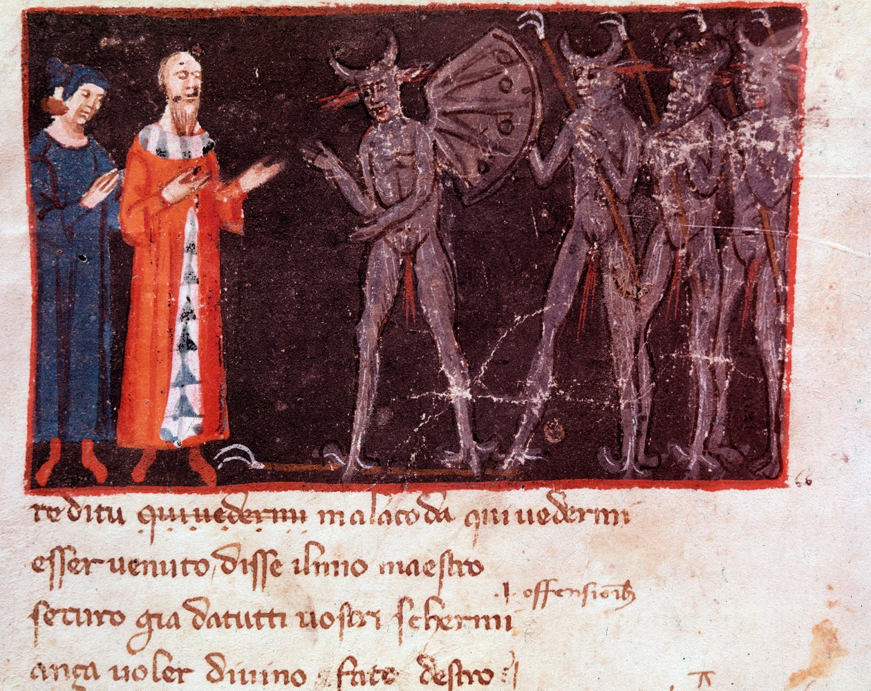 Dante och Virgil pratar med Malacoda, ledare för Malebranche-skvadronerna (låt 21 från helvetet, i den gudomliga komedin) - miniatyr av Italian School
