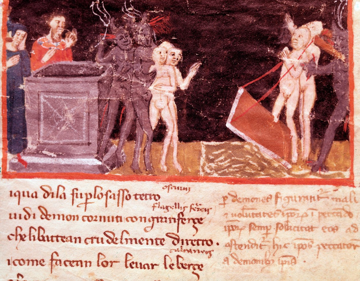 Dante och Vergilius omgivna av hallickarna och förförarna (låt 18 från Hell, in the Divine Comedy) - Miniatyr av Italian School
