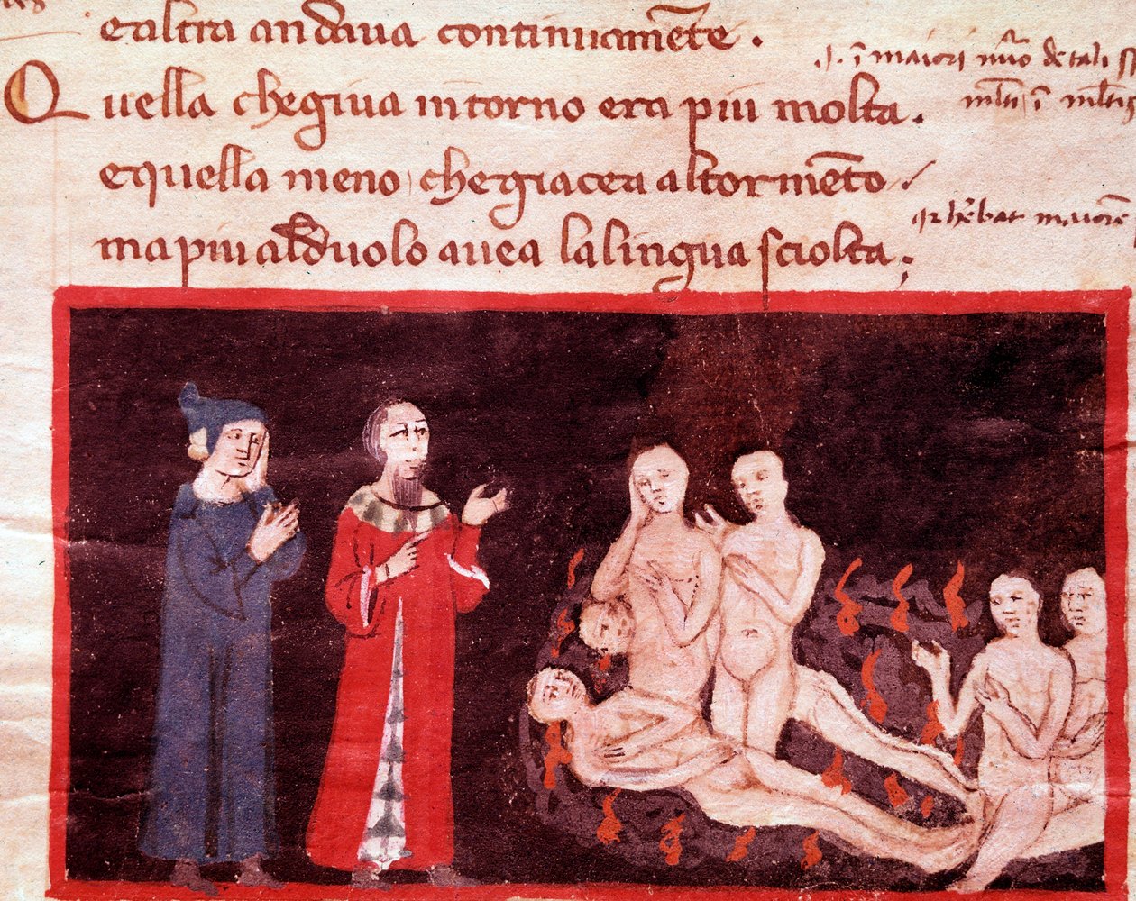 Dante et Virgil omgiven av de våldsamma (sång 14 från helvetet, i den gudomliga komedin) - miniatyr 1300-tal av Italian School