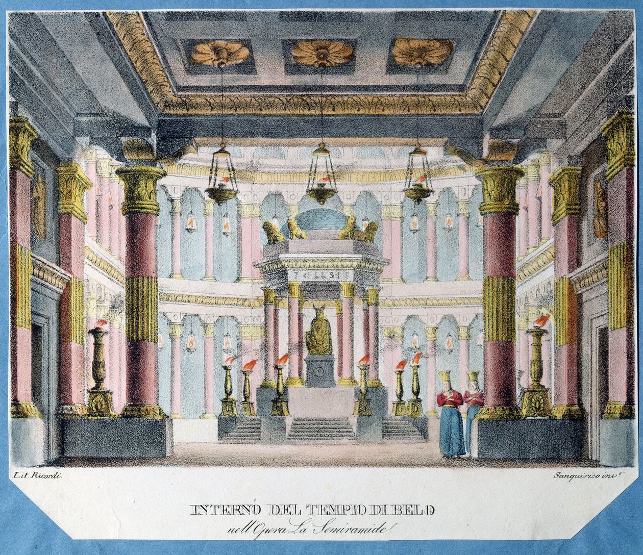 Dekor för operan La Semiramide av Christoph Gluck (1714-1787) (Scenografi för operan La Semiramide av Ch. Gluck). Litografi i färg, anonym, ca 1790. Italiensk konst, teaterdekor. Statens museum för teater och musikkonst, Sankt Petersburg. av Italian School