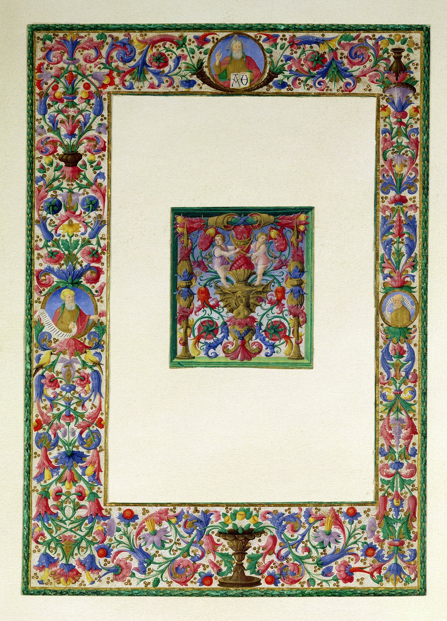 Dekorativ bård med Gud Fadern och två profeter och ett historiskt initialt T med en siren och två putti, 1400-1500-talet av Italian School