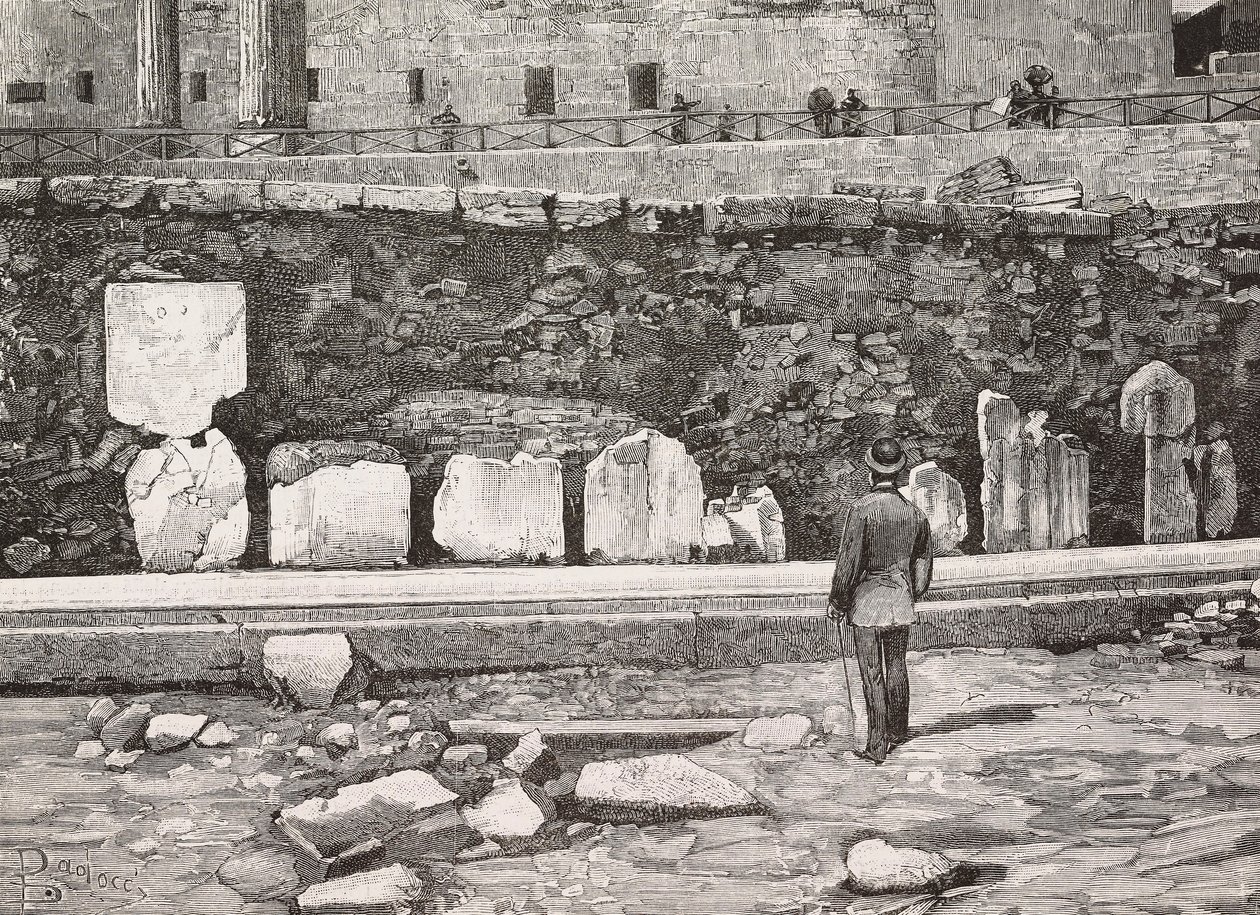 Dekorativ halvcykel i Forum Romanum, Rom, Italien, gravyr från teckning av Dante Paolocci, från L