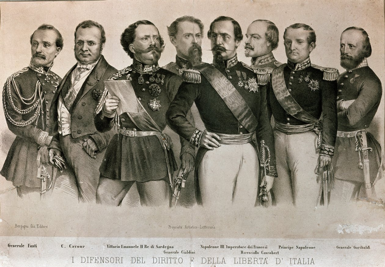 General Manfredo Fanti (1806-1855), Camillo Benso, greve av Cavour (1810-1861), kung av Sardinien Vittorio Emanuele II (Victor Emmanuel) (Victor Emmanuel), General Henry Cialdini (1811-1892), E av Italian School