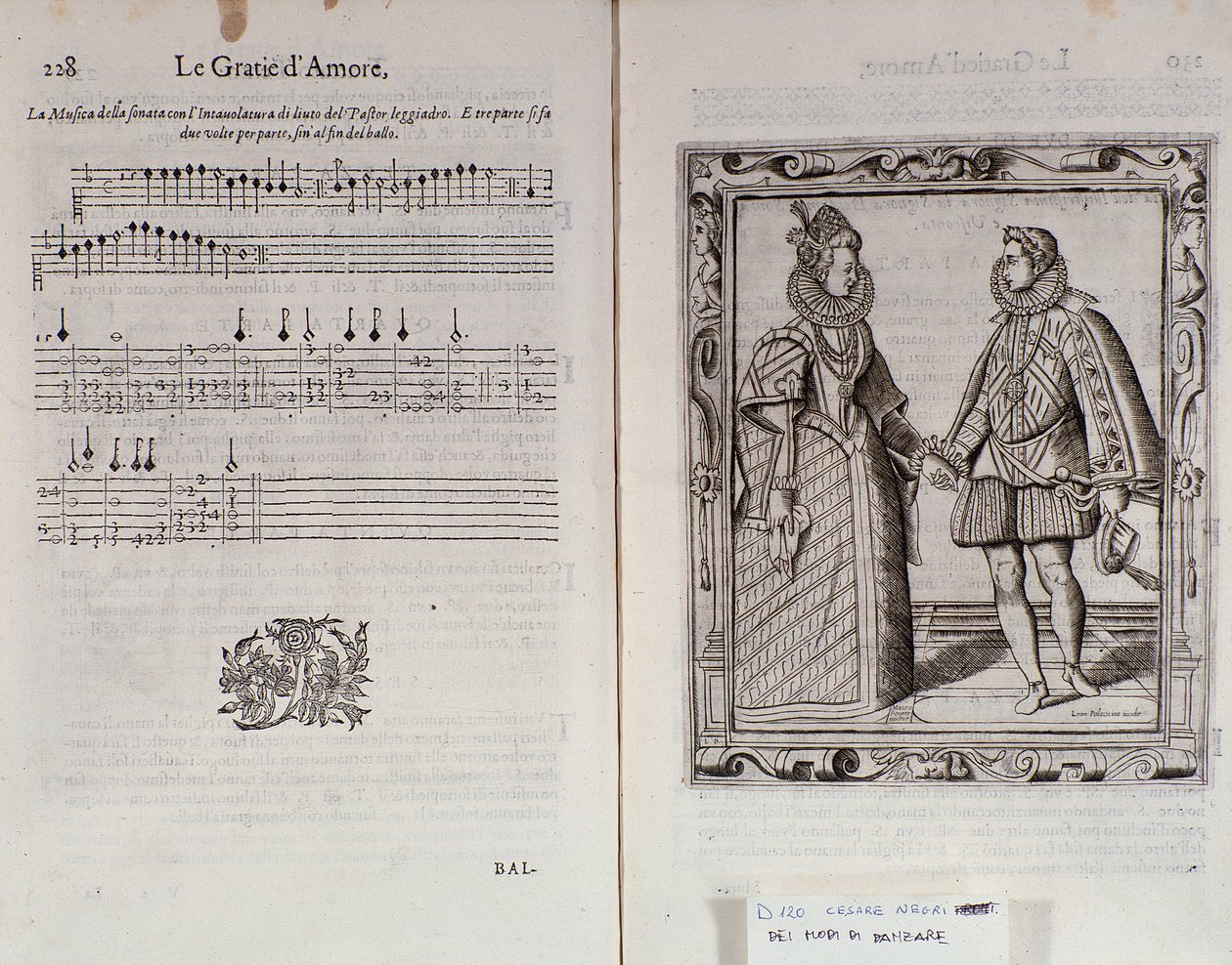 Beskrivning av balett för två Dubbelsida av Le Gratie dAmore (Le Grazie dAmore) av den italienska dansaren Cesare Negri kallad Il Trombone (1536-1604), fördrag om dans av Italian School