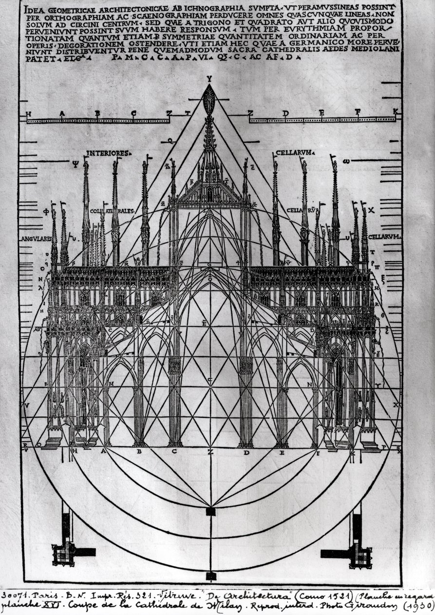 Design för katedralen i Milano, illustration från De Architectura av Vitruvius, Como, 1521 av Italian School