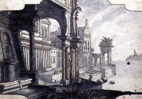Design för en scenuppsättning, ca 1750 (penna & bläck och akvarell på papper) av Italian School
