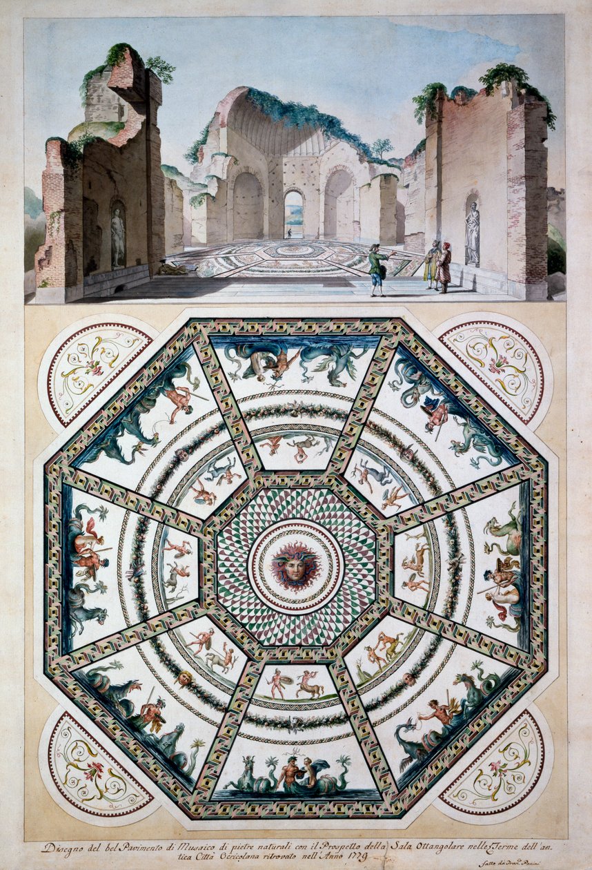 Design för ett åttakantigt mosaikgolv, 1779 (penna & bläck och wc på papper) av Italian School