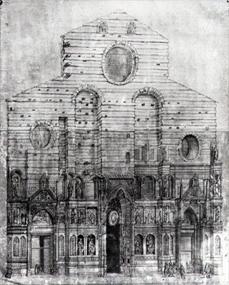 Design av fasaden på Santa Maria del Fiore eller Duomo, Florens (penna och bläck på papper) (sv foto) av Italian School