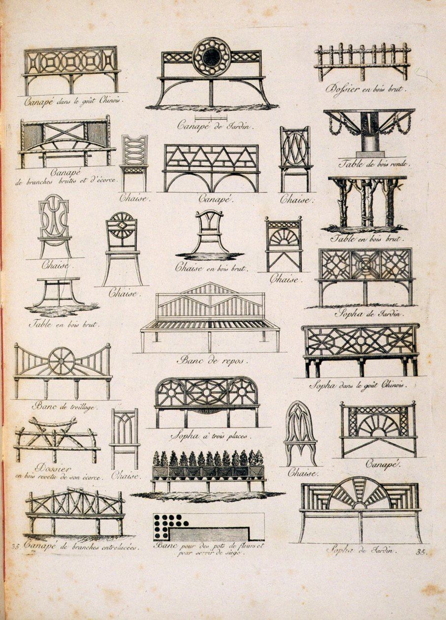 Design för trädgårdsstolar, från A Compendium of Drawings, av J.G. Grohmann, publicerad 1805 av Italian School