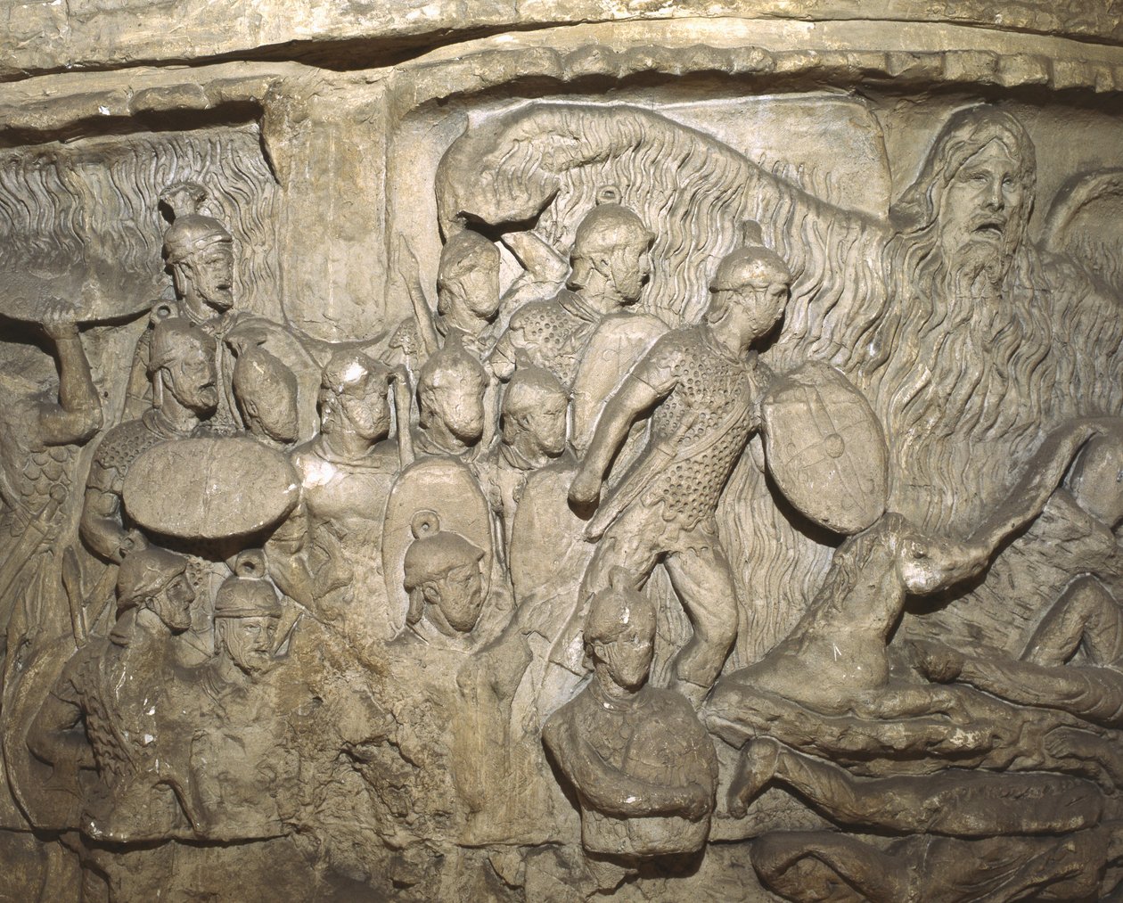Detalj från en avsättning av Marcus Aurelius kolumn som visar regnets mirakel (gips) av Italian School
