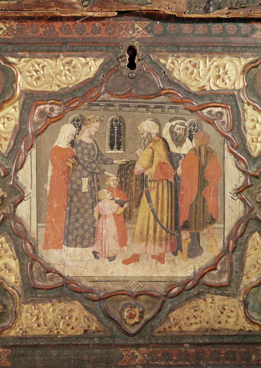 Detalj av en cassone som visar historien om Saladin och Torello av Istrien, av Giovanni Boccaccio (tempera på panel) (se även 444280-81) av Italian School