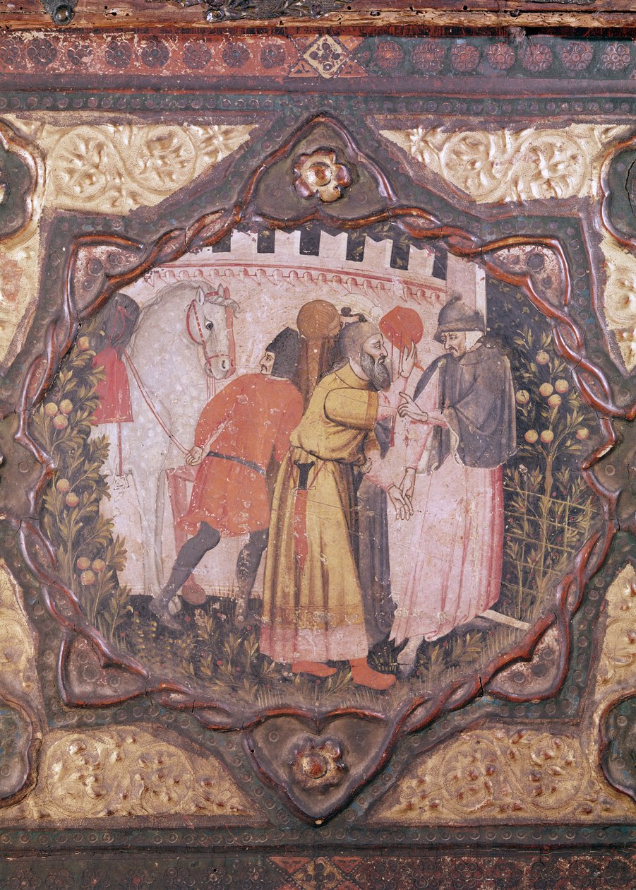 Detalj av en cassone som visar historien om Saladin och Torello av Istrien, av Giovanni Boccaccio (tempera på panel) (se även 444281-82) av Italian School