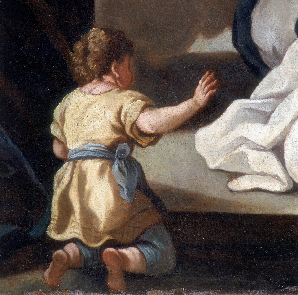 Detalj av målningen som föreställer rosenkransens Madonna med heliga Dominik och Katarina av Siena av Italian School