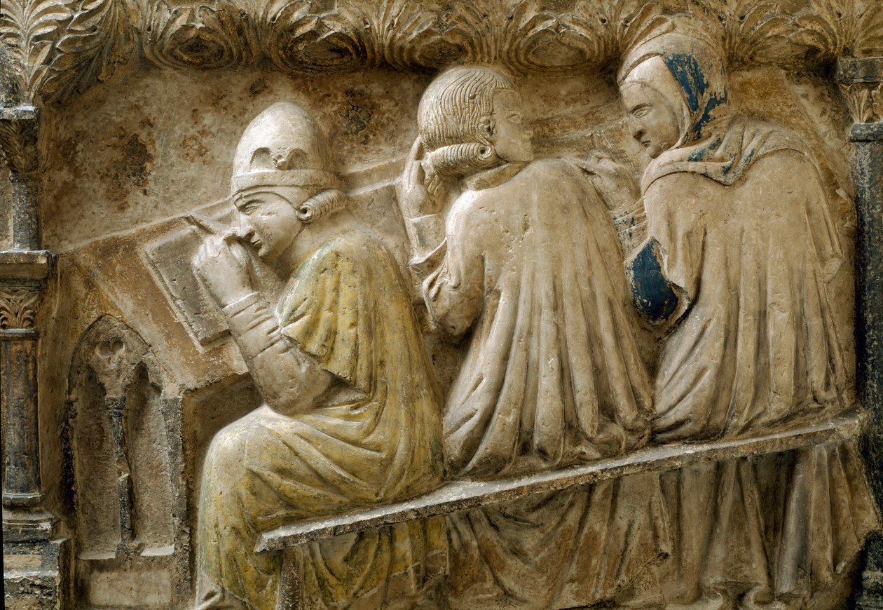 Detalj som representerar elever som följer Bonifacio Galluzzis kurs (Grave slab, cirka 1346) av Italian School