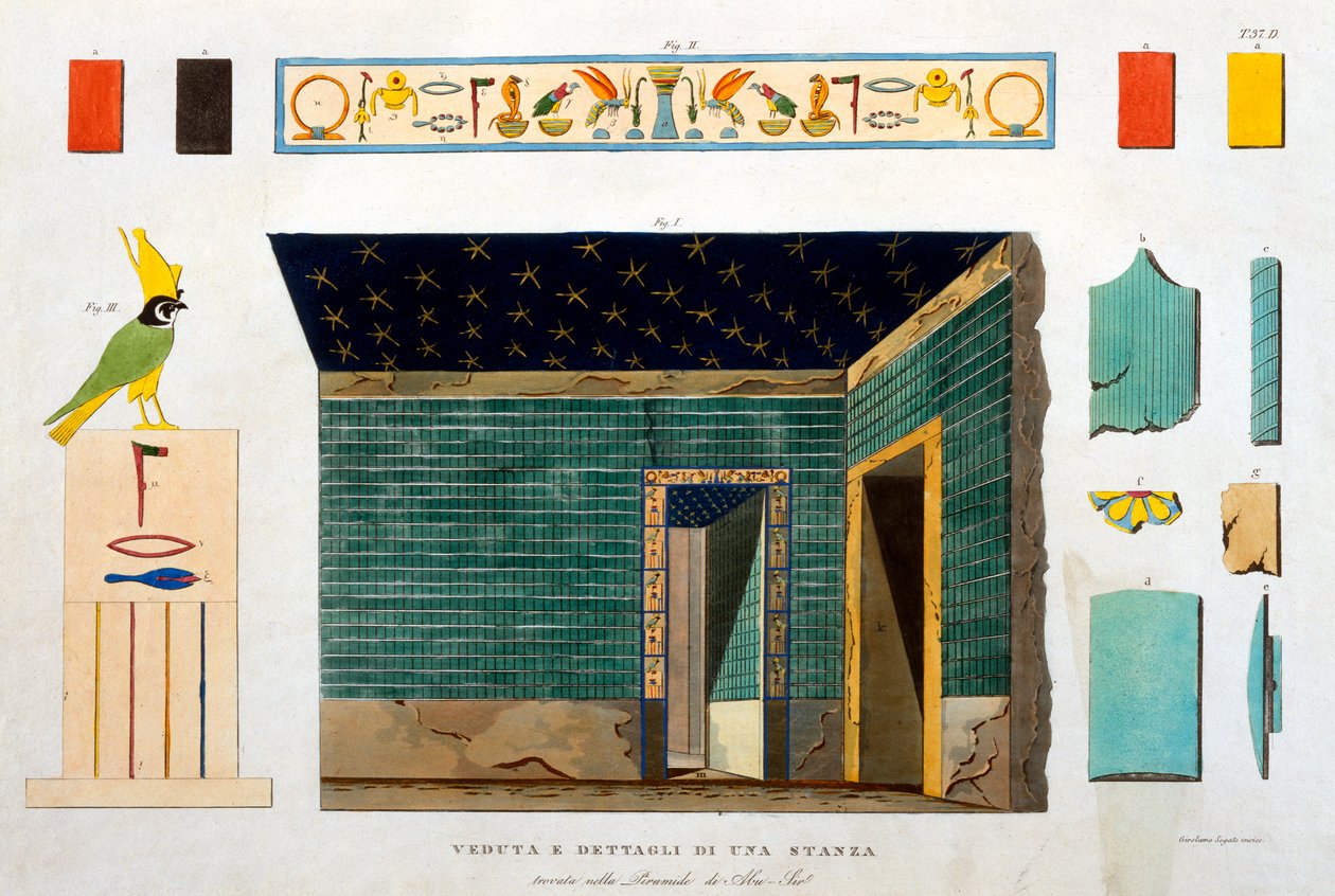 Detaljer om ett rum inuti en pyramid i Abusir, Egypten, graverade av Girolamo Segato av Italian School