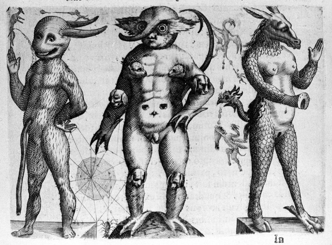 Olika typer av människomonster med hälften människa, hälften djurkroppar. Gravyr från "Monstrens natur, deras orsaker och skillnader" av Fortunio Whilei (1577-1656), italiensk vetenskapsman. 1646 av Italian School