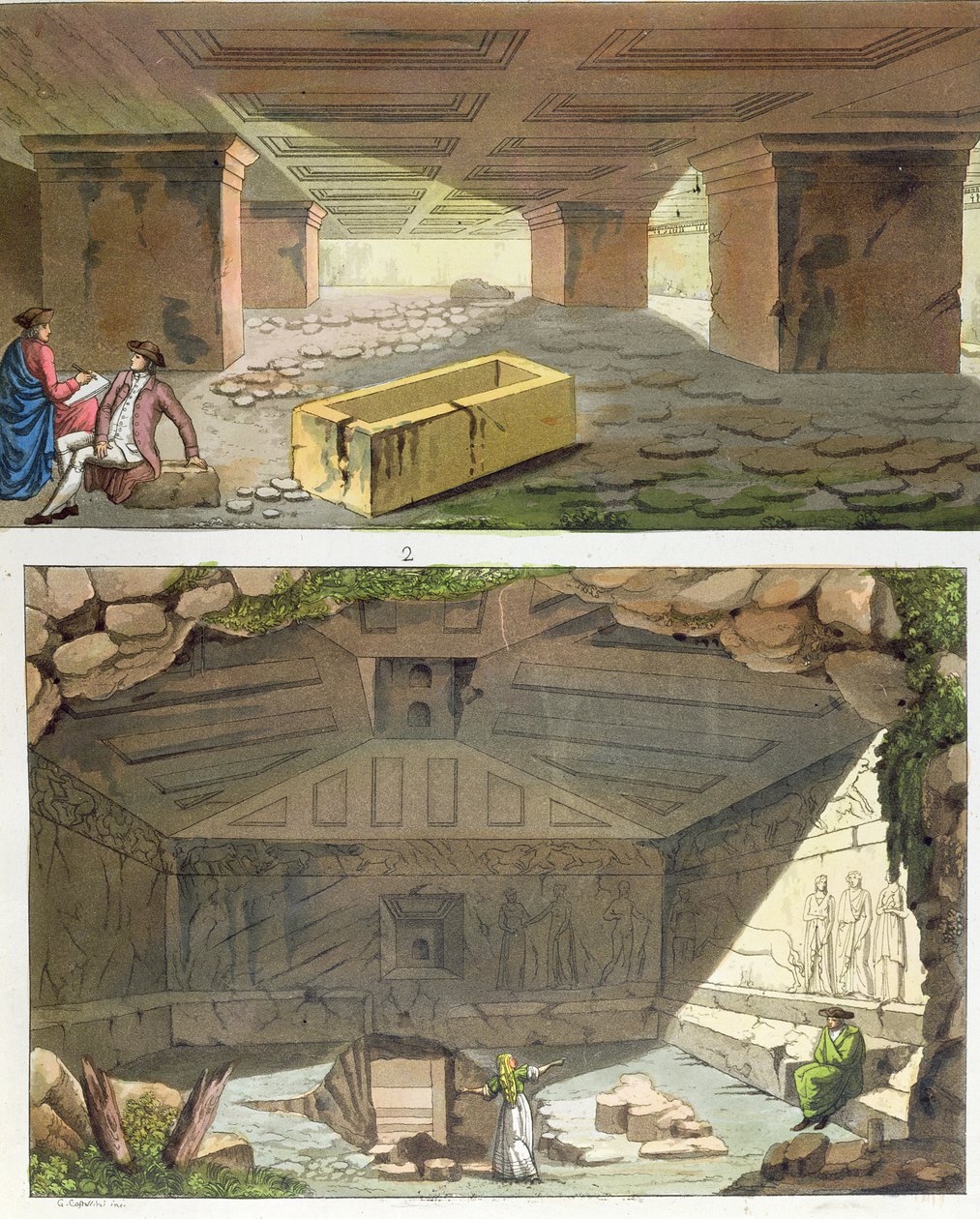 Upptäckt av etruskiska gravar, ca 1820 (färgstick) av Italian School