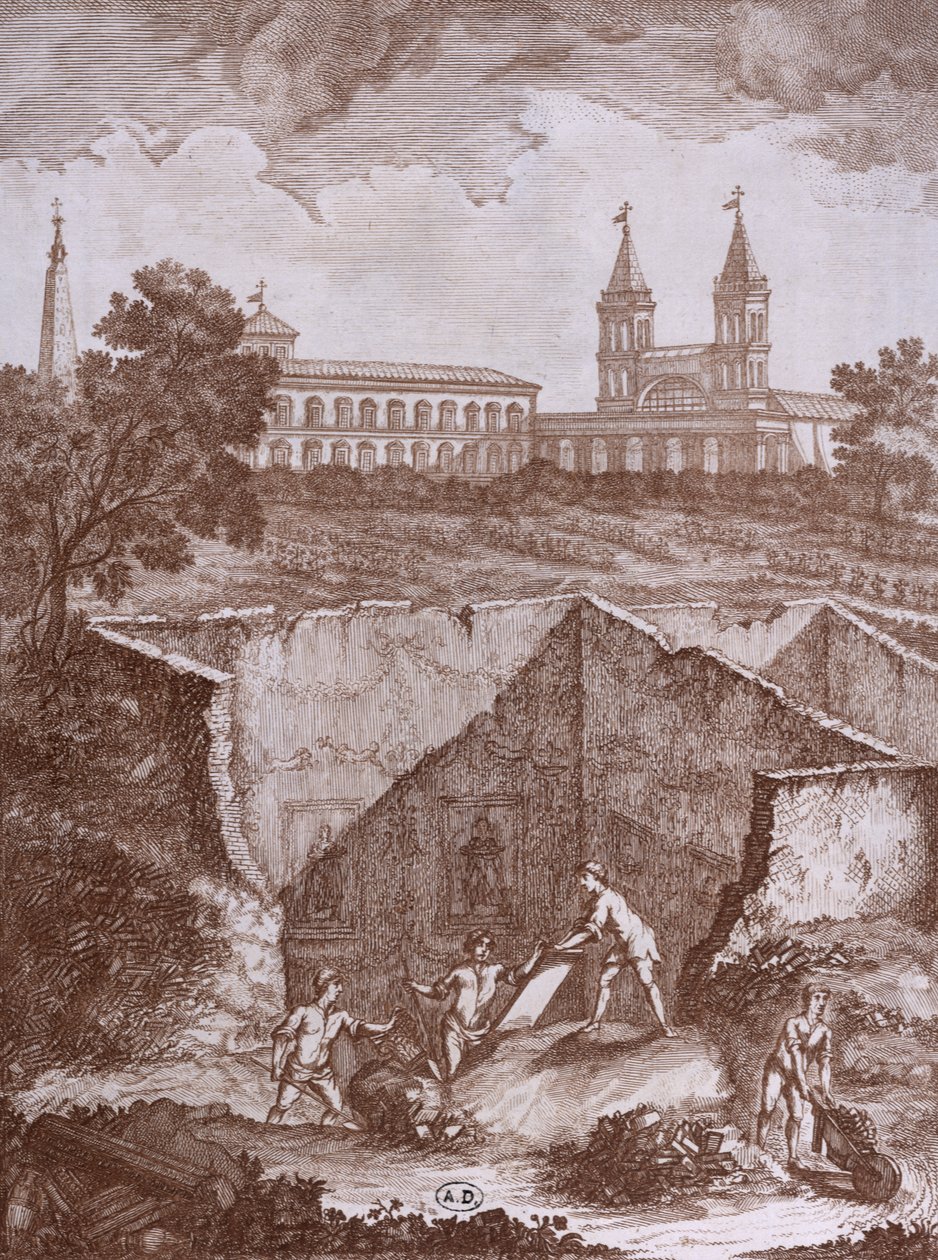 Upptäckten av ett hus och fresker i Rom 1780, illustration från Peintures antiques retrouvees lors dune fouille en 1780, publicerad i Rom 1783 av Italian School