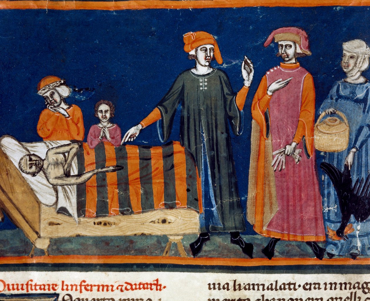 Lägger till vid sängkanten av en sjuk miniatyr av den florentinska skolan från en tilläggsutgåva av "Pater noster" av Ser Zucchero Bencivenni (MS.II.VI 16) början av 1300-talet Florens, nationalbiblioteket av Italian School