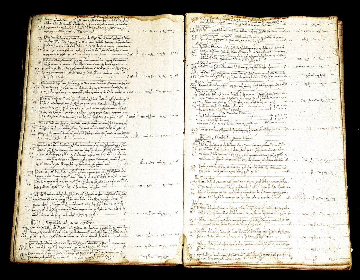 Dubbelsida i ett kontoregister för familjen Priuli av den venetianska adeln, rika handlare med öst. Museo Correr från 1500-talet, Venedig av Italian School