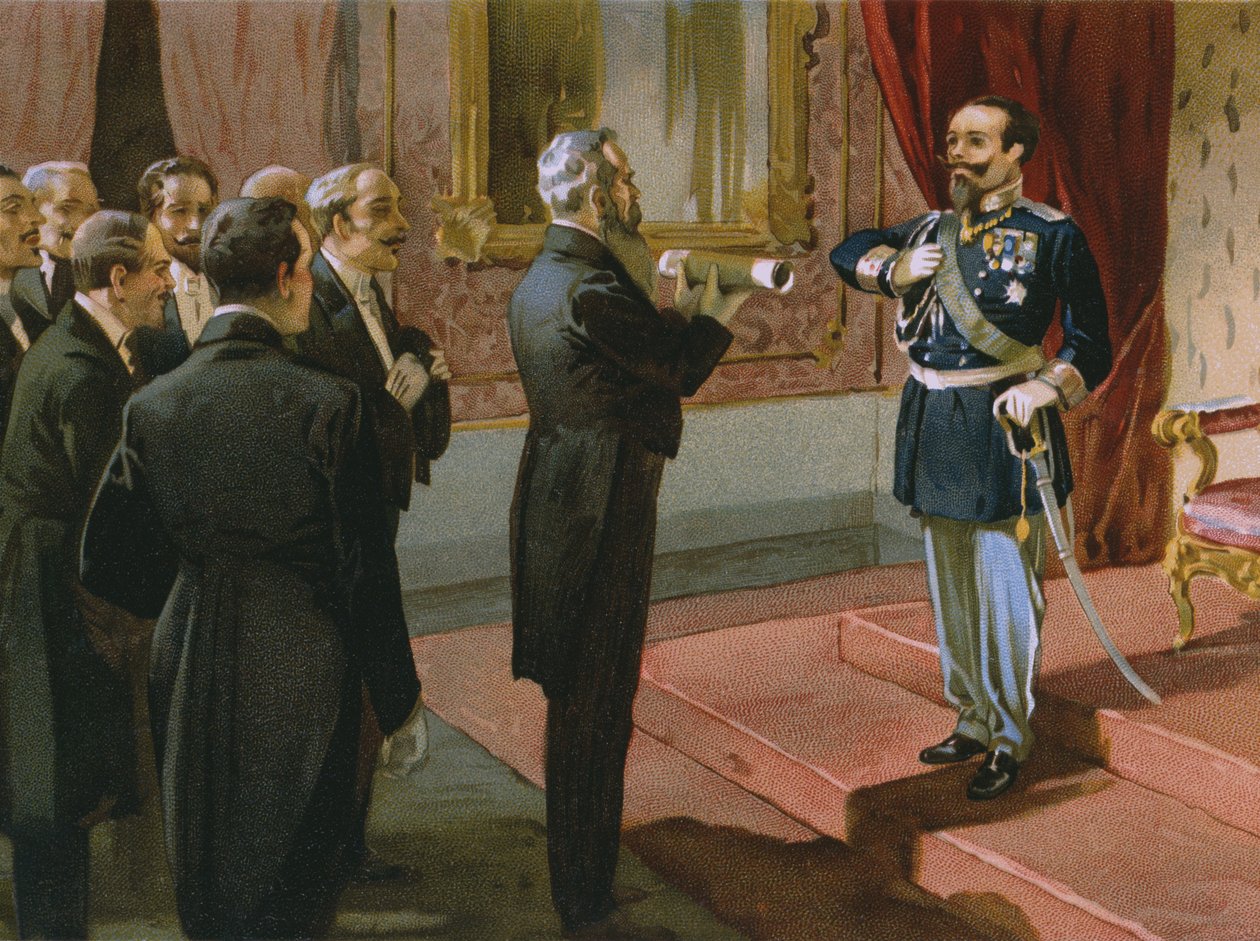 Hertigen av Sermoneta erbjuder kung Victor Emmanuel II (1820-78) folkomröstningen i Rom vid Palazzo Pitti, Florens, 1870, illustration från ett album om Risorgimentos historia gjord för chokladtalmen av Italian School