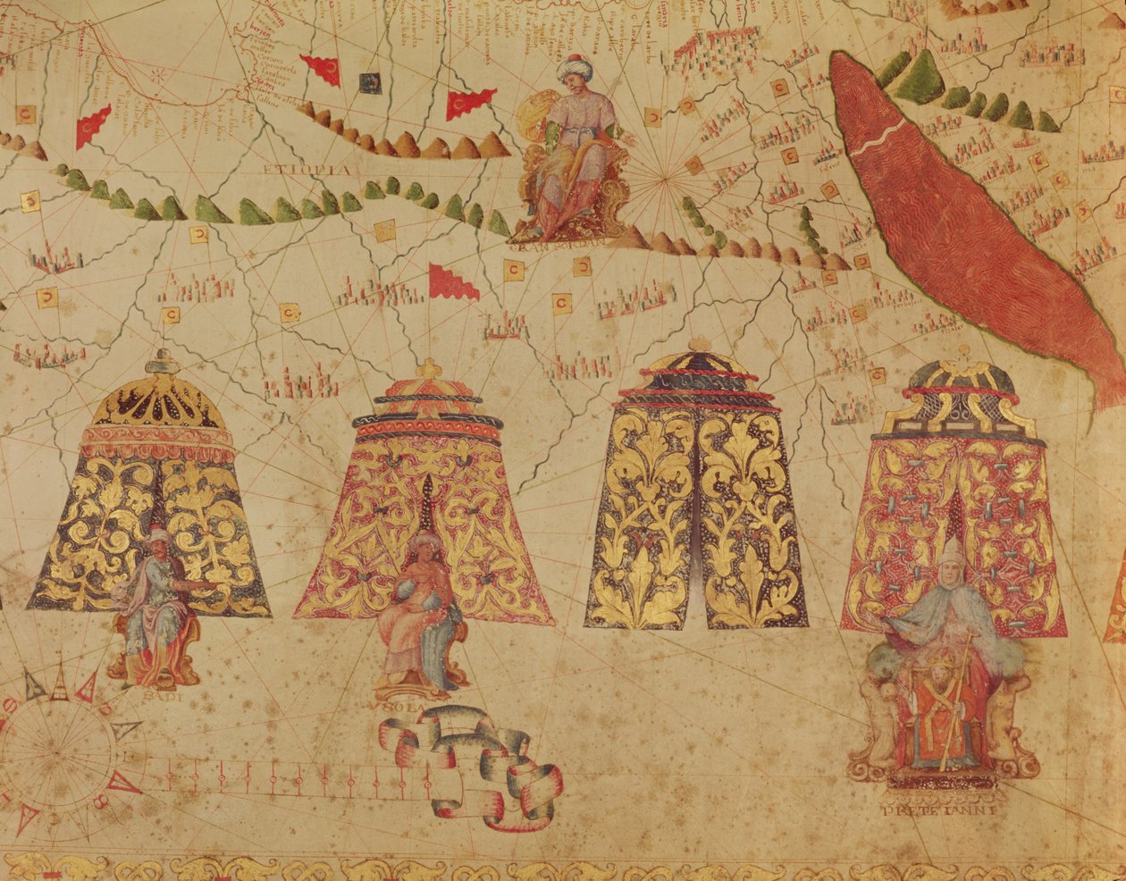 Östafrika och Röda havet med Prester John och de legendariska kungarna av Afrika, detalj från en karta över Medelhavet av Vesconte de Maggiolo, 1563 av Italian School