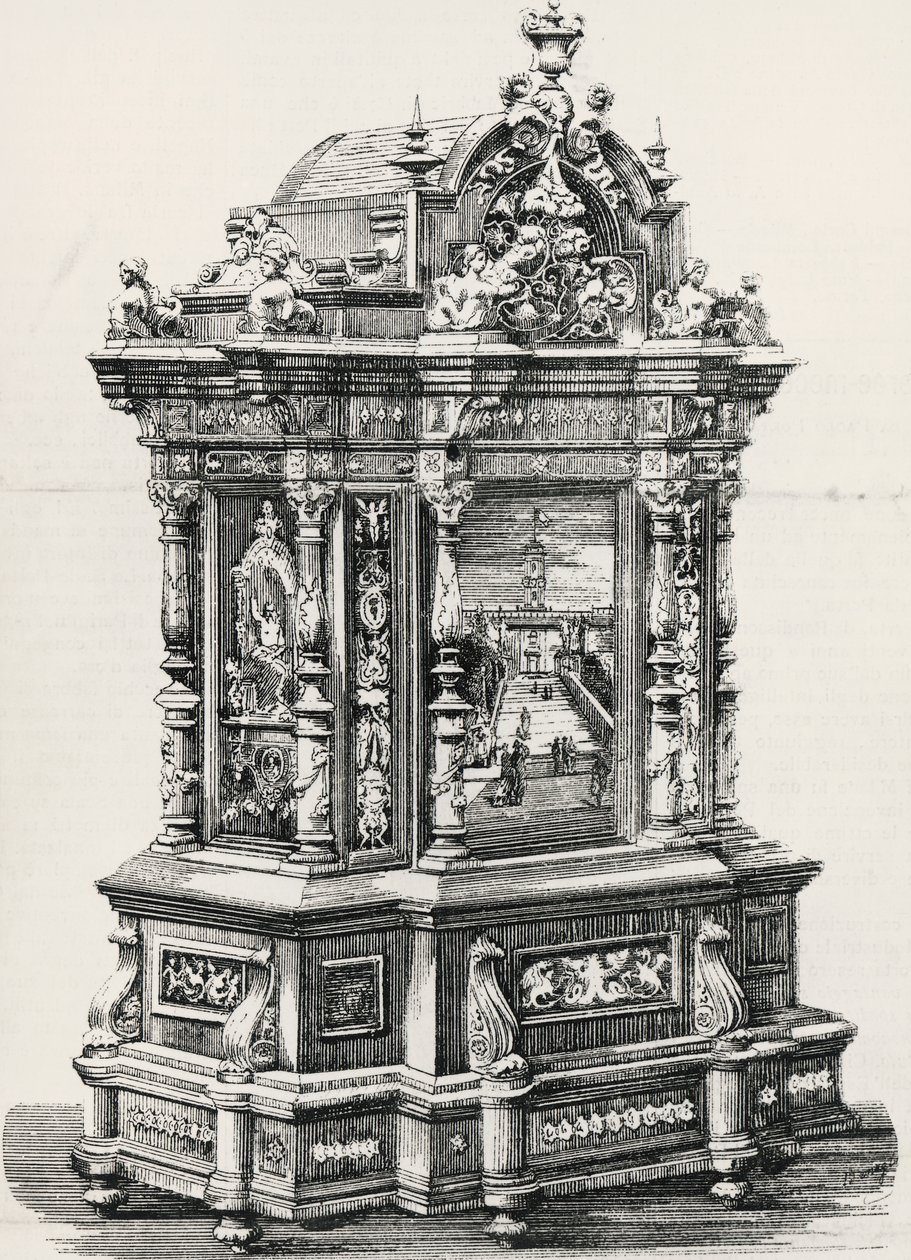 Ebenholtsskåp med inläggningar av möbelsnickare Alessandro Monteneri från Perugia (aktivt 1800-1900-tal), illustration från italiensk utställning 1881 i Milano, Italien av Italian School