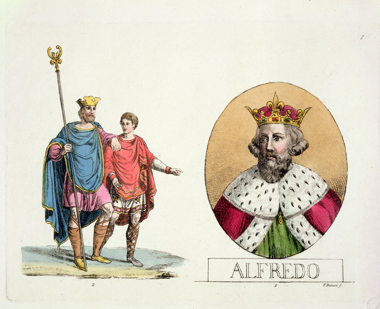 Edward the Confessor och kung Alfred, skylt 7 från The History of the Nations (akvatint) av Italian School