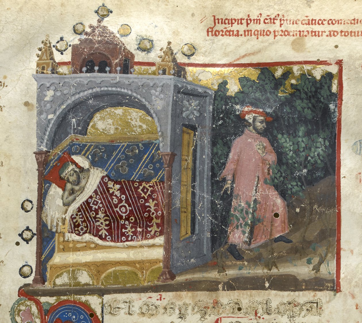 Egerton MS 943 f.3 Inferno: Dantes dröm och hans själ som lämnar hans kropp, från 