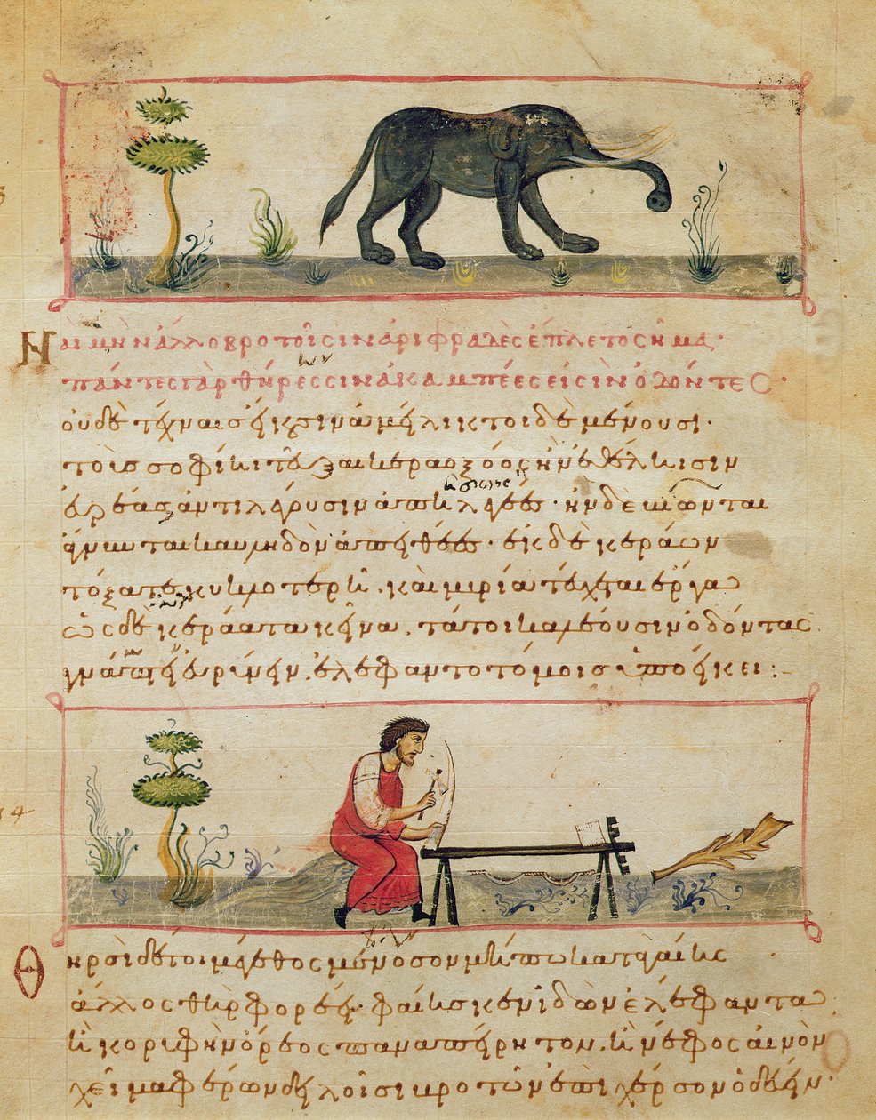 Elefant och traditionellt elfenbensarbete, illustration från Cynegetica av Oppian (tempera på veläng) av Italian School