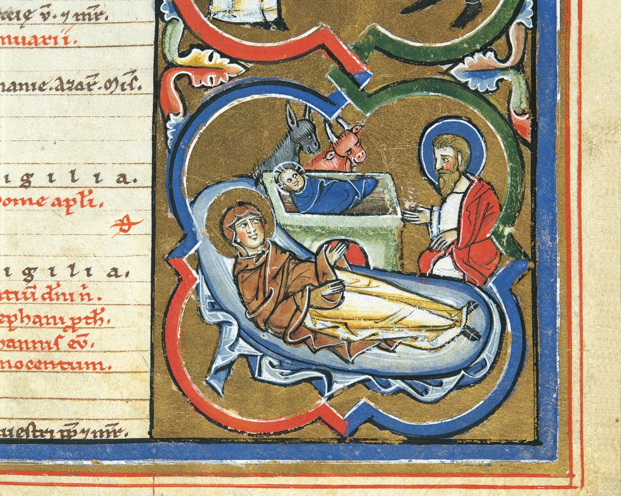 Elizabethansk kalender, december, Nativity (penna & bläck, tempera och bladguld på veläng) av Italian School