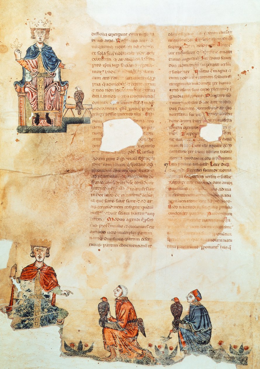 Kejsar Fredrik II av Hohenstaufend, illustration från "Konsten att jaga med fåglarna" (på veläng) av Italian School