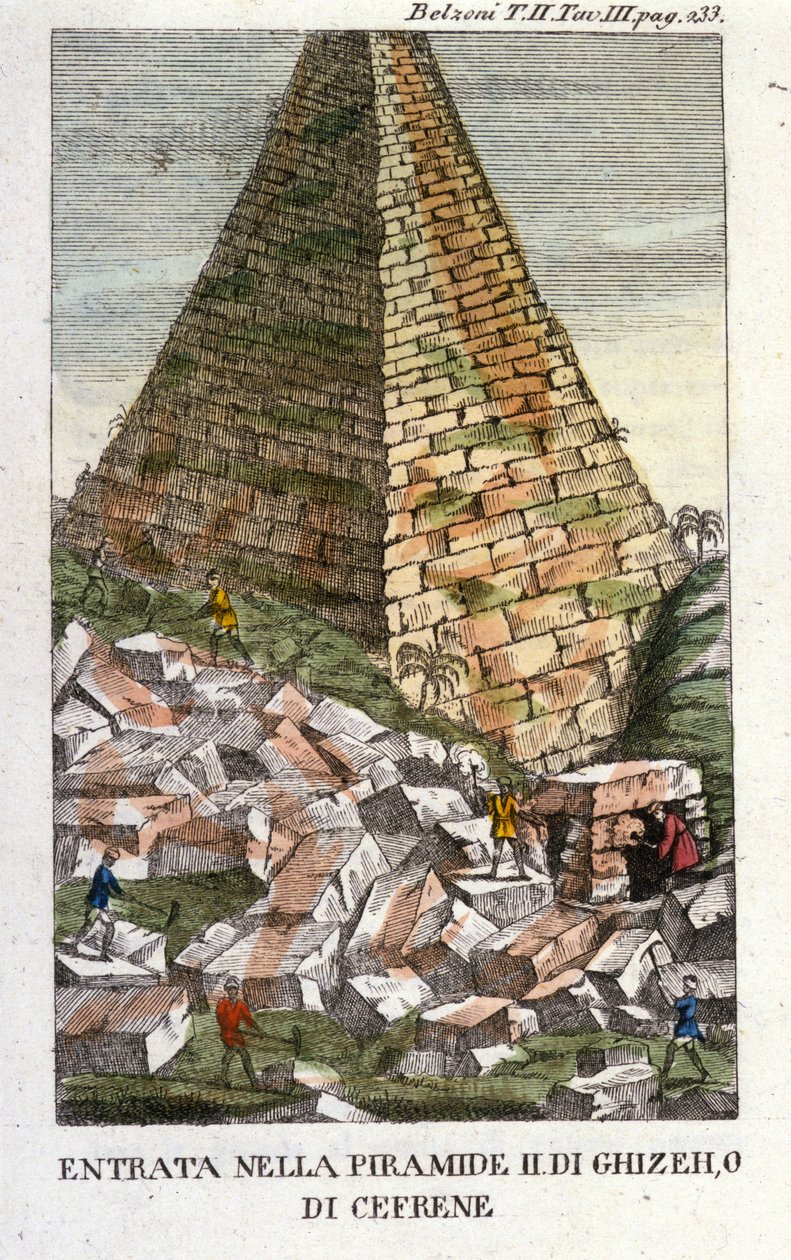 Belzonis inträde i pyramiden i Guizeh (Guiseh, Giza, Giza) eller Chephren (gamla imperiet). Giovanni Battista (Gianbattista) Belzoni (1778-1823), italiensk upptäcktsresande och arkeolog, har gjort viktiga arkeologiska upptäckter i Egypten. Gravyr - i "" av Italian School