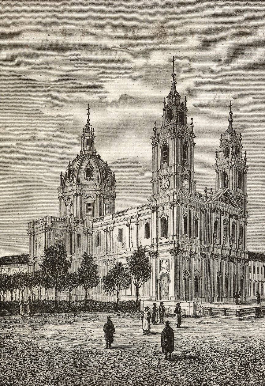 Estrela Basilica, Lissabon, Portugal, gravyr från L
