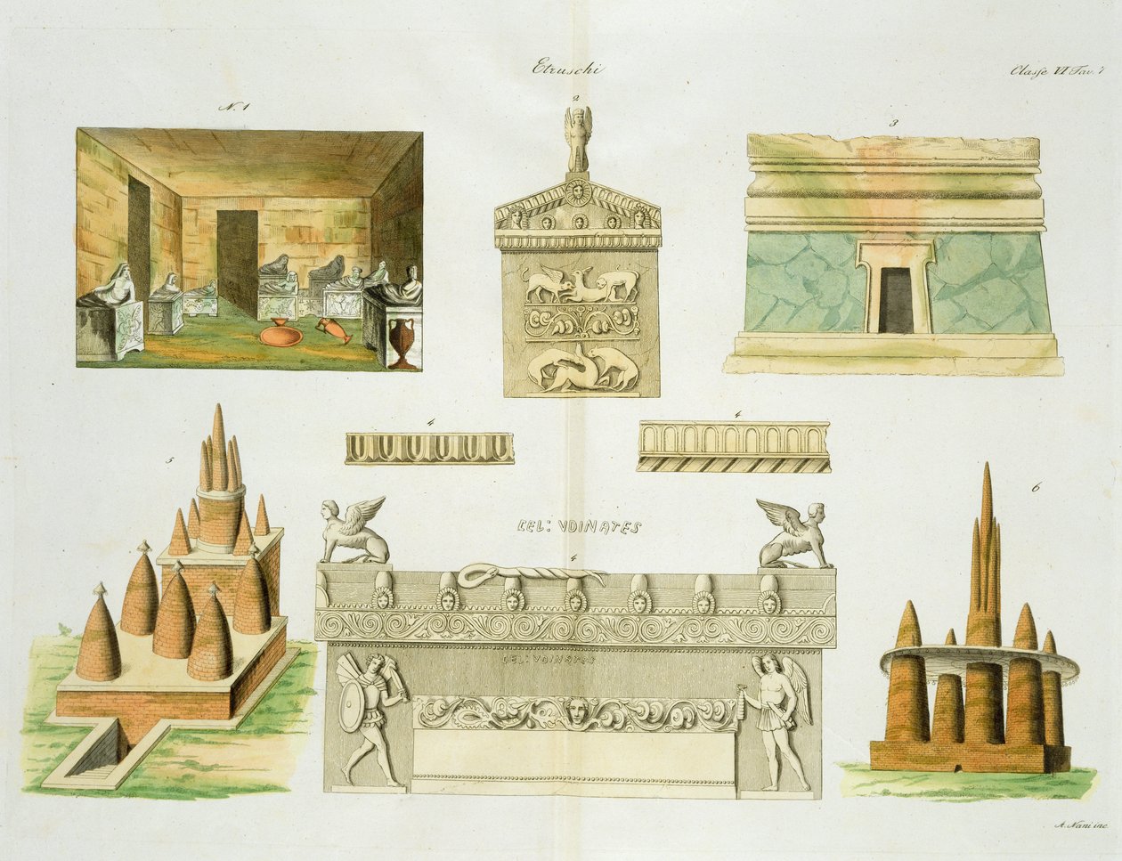 Etruskiska sarkofager och gravar, plåt 7, klass 6 från del I av Nationernas historia, graverad av A. Nani (akvatint) av Italian School