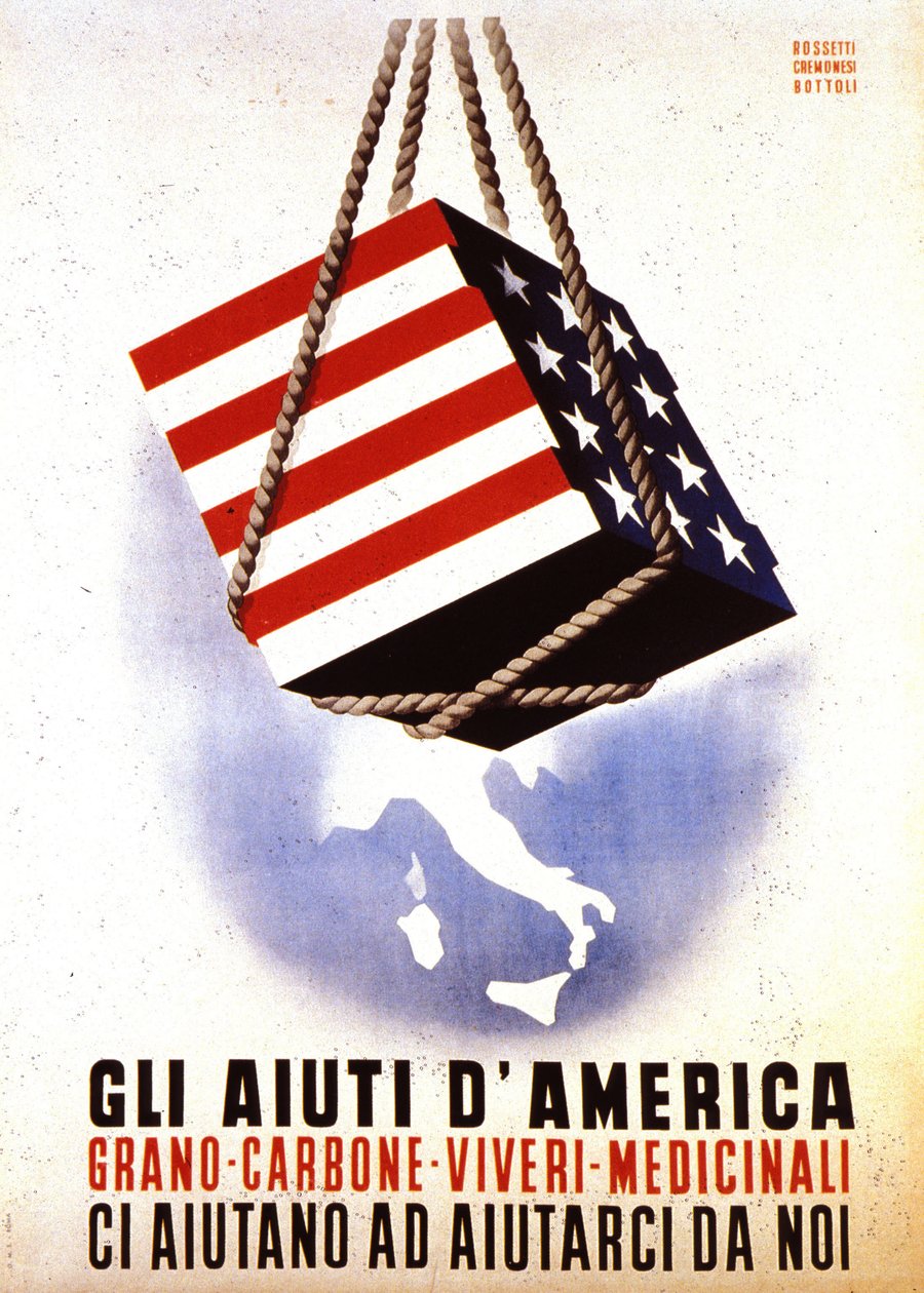 Europeiskt återhämtningsprogram (ERP) (1948-1952): "Amerikanskt stöd till återuppbyggnaden av Europa". Affisch med Rossetti - Cremonesi - Bottoli från 1948 (affisch) av Italian School
