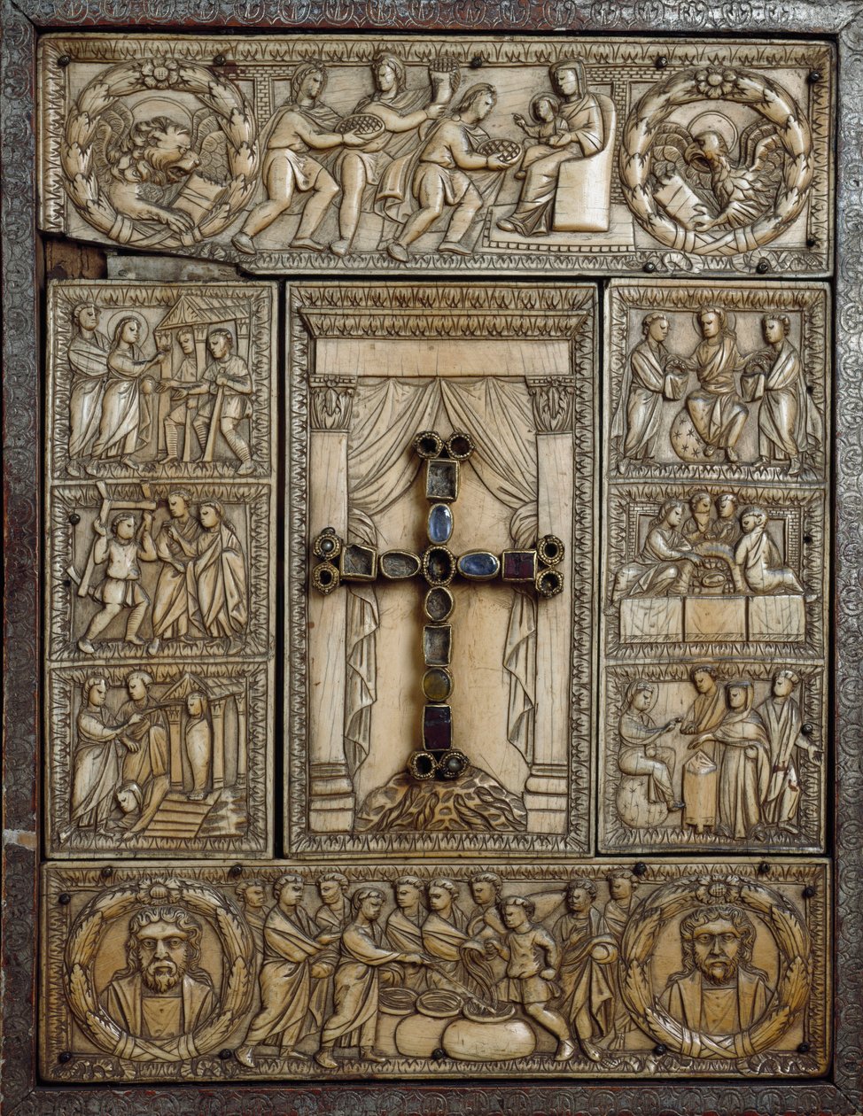 Evangeliska omslag känd som "Dittico delle cinque parti" (Dyptic of the Five Parts) i elfenben dekorerar avsnitt av jus gudom. 5:e århundradet. Milano, Tesoro del Duomo av Italian School