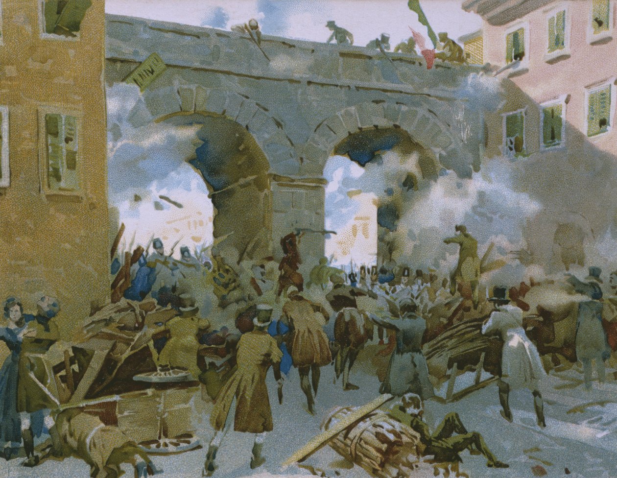 Händelser från 18 till 22 mars 1848, Milanese jagar ut österrikare, illustration från ett album om Risorgimentos historia gjord för chokladen Talmone, sent 1800-tal av Italian School