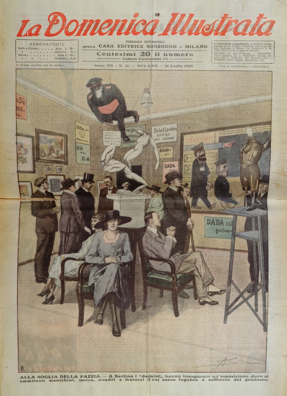 Utställning av "Dada"-konst i Berlin, omslagsbild till "La Domenica Illustrata", 25 juli 1920 (färglitografi) av Italian School