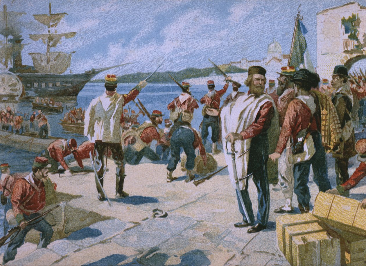 Expedition of the Thousand under ledning av Giuseppe Garibaldi, landning i Marsala, Sicilien, 1860, illustration från ett album om Risorgimentos historia gjord för chokladen Talmone, sent av Italian School