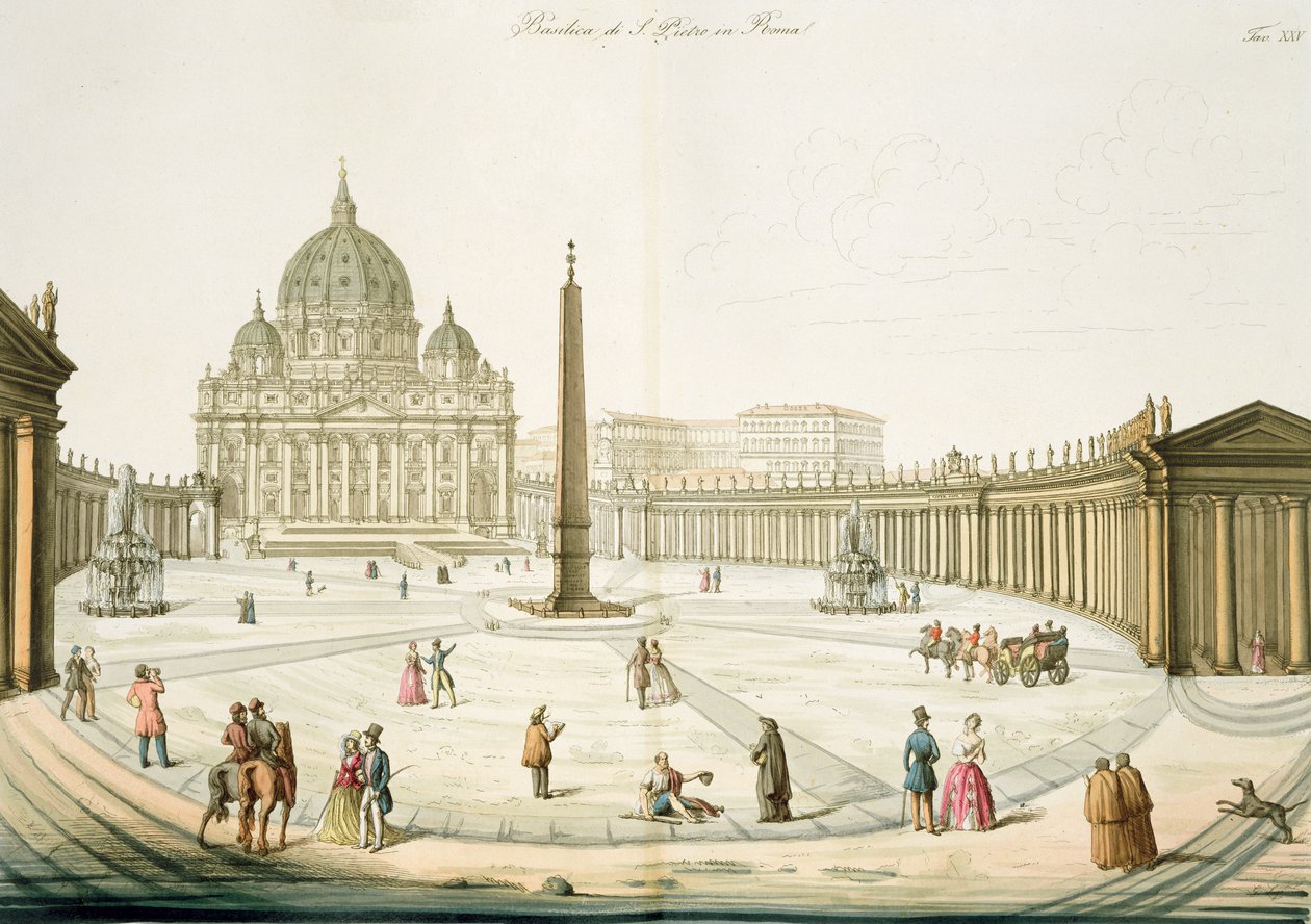 Fasad av Peterskyrkan i Rom med torget framför, skylt 25 från del III av Nationernas historia, graverad av G. Lago av Italian School