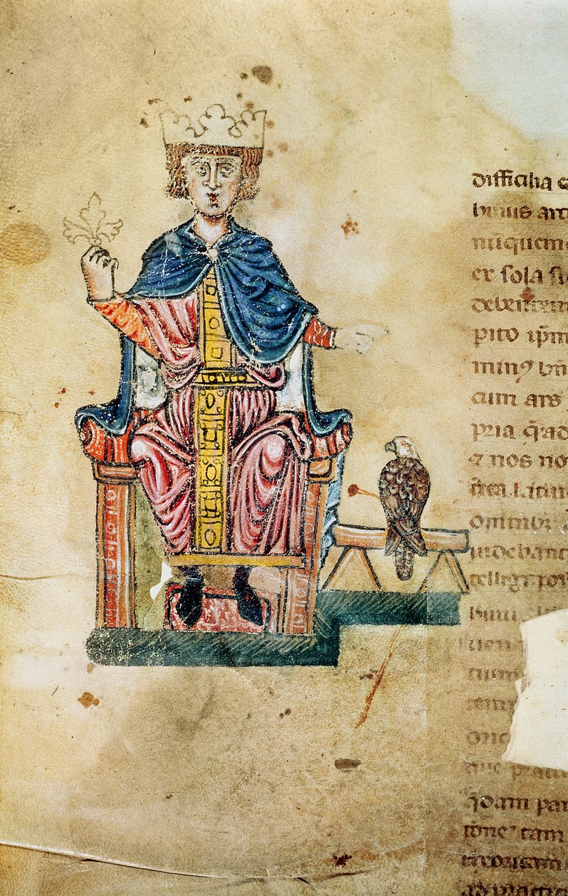 Federico II av Svevia, illustration från Konsten att jaga med fåglar, ca 1220-50 av Italian School