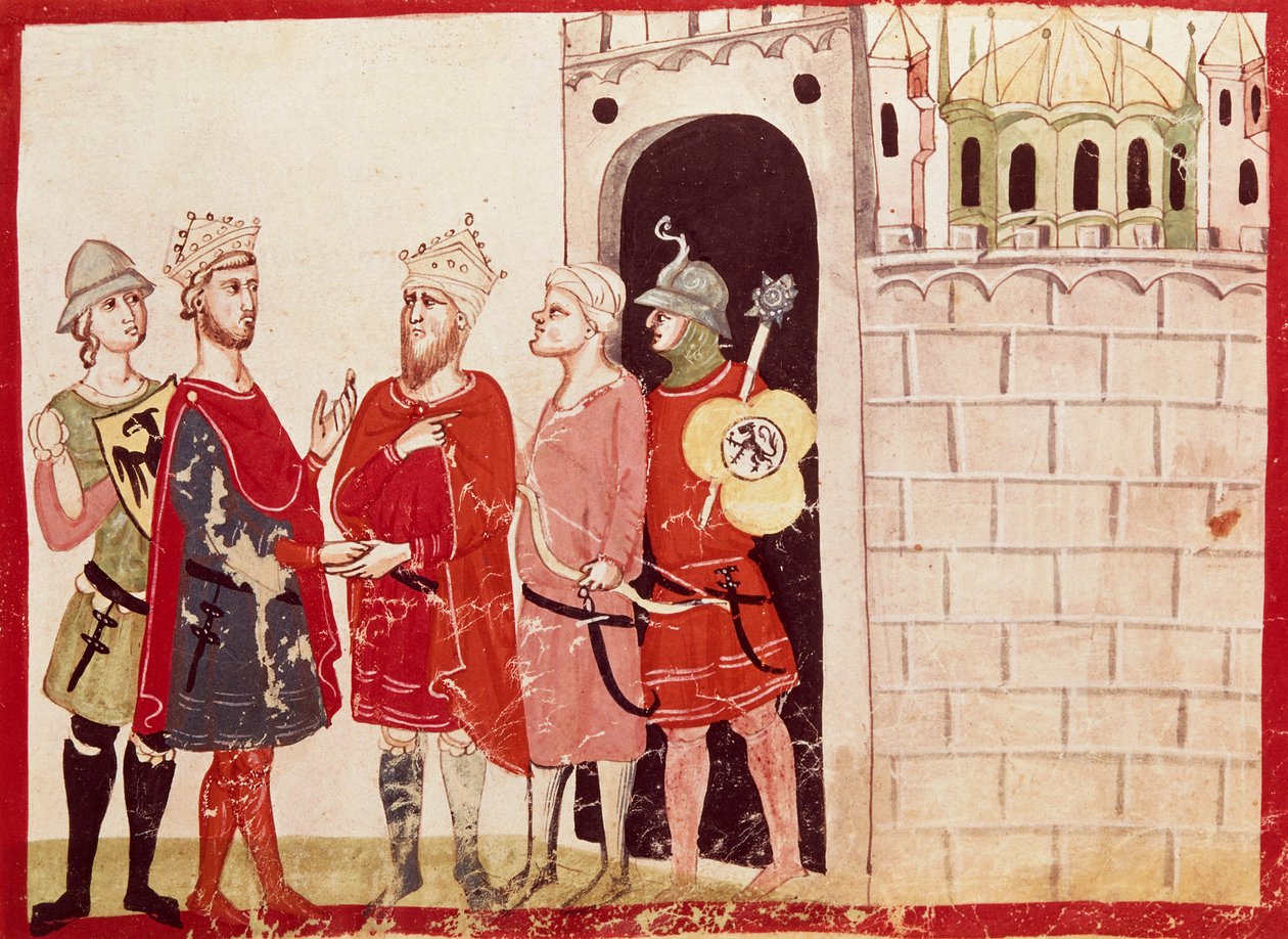 Federico II akifikia makubaliano na Sultani wa Jerusalem, picha ndogo kutoka kwa Mambo ya Nyakati ya Giovanni Villani, hati ya maandishi, Italia 14th Century.swed av Italian School