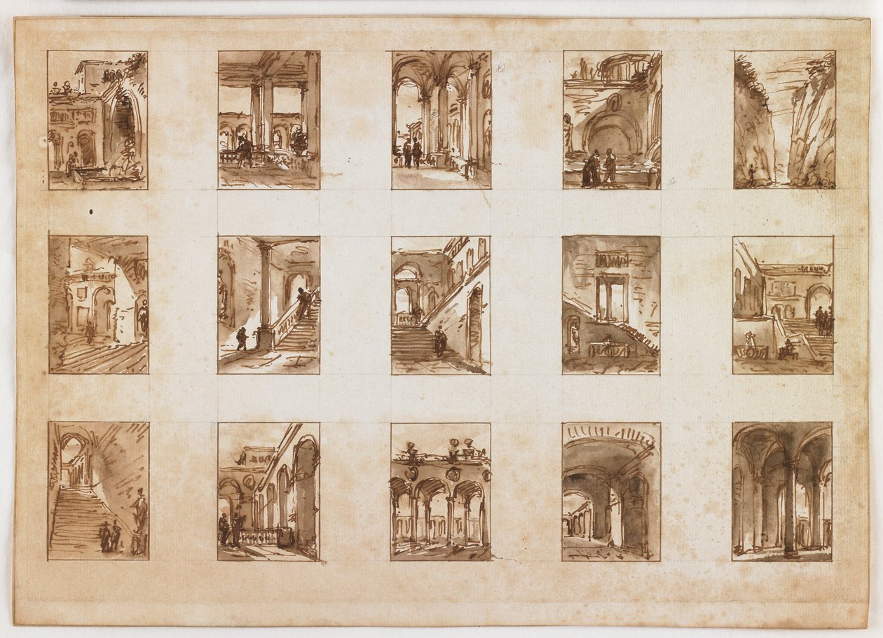Femton miniatyrarkitektoniska och italienska vyer (penna och brunt bläck med tvätt över grafit på papper) av Italian School