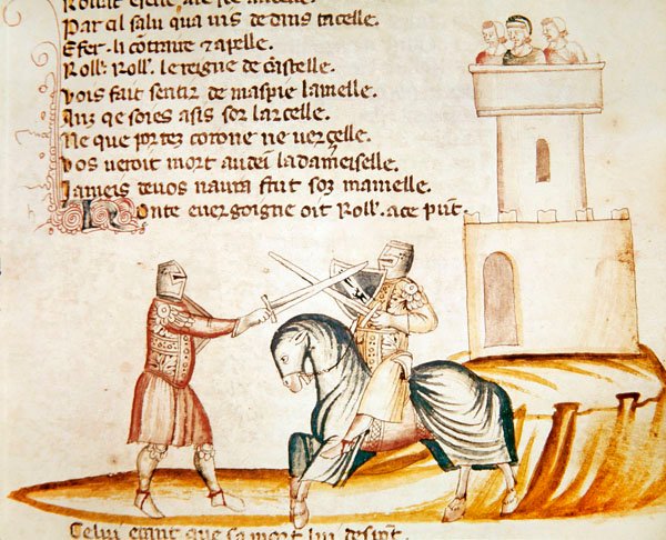 Slåss mellan en beriden soldat och en soldat till fots, från Codex Entree dEspagne av Italian School