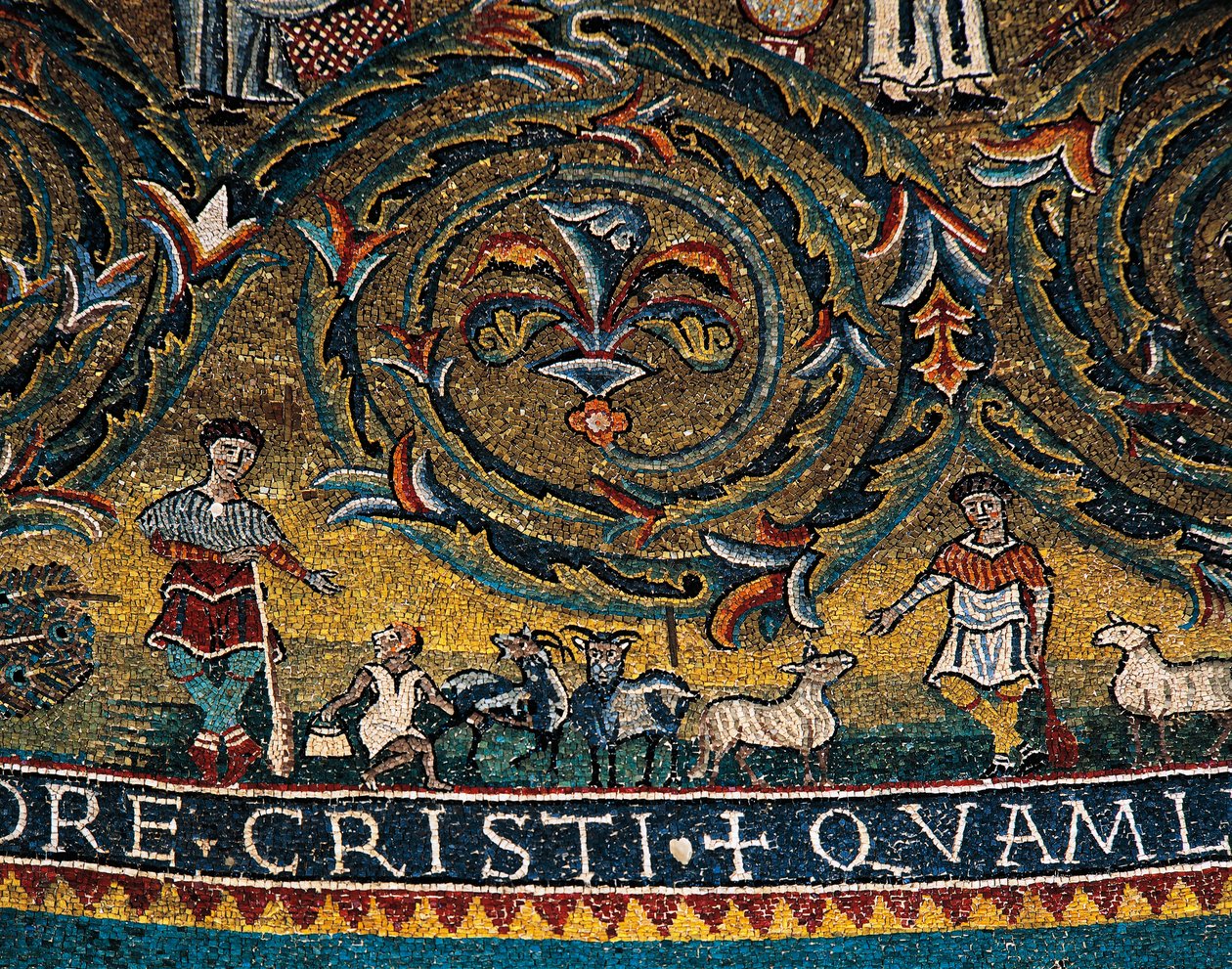 Figurer av herdar och djur, detalj från Triumph of Cross från medaljong av absid (mosaik) av Italian School