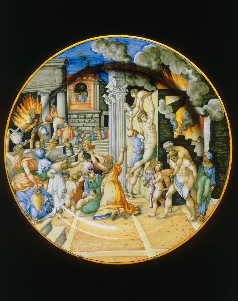 Fire of Troy, tillverkning av Urbino, tallrik av Italian School
