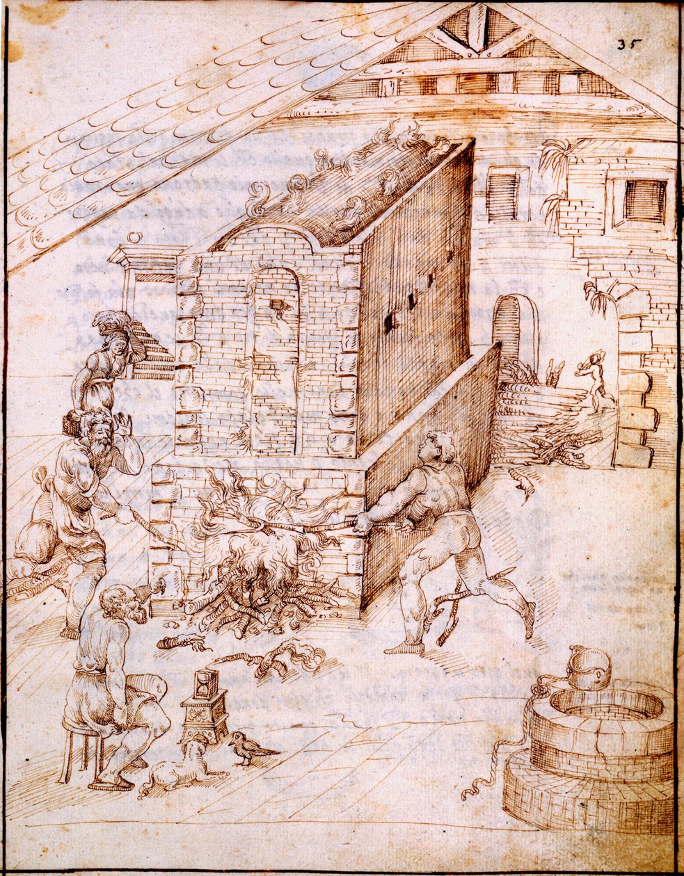 Fire an Early Kiln, ca 1630-talet (manuskript vellum) av Italian School