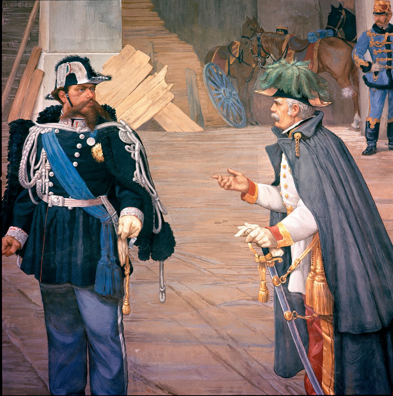 Första italienska självständighetskriget: "" slaget vid Novara (Novara) den 13/09/1849"" Kallas även slaget vid Bicoque. Vittorio Emanuele (Victor Emmanuel) (Victor-Emmanuel) II (1820-1870) och Joseph Radetzky (1766-1858) efter slaget. Detalj av en fresk av Italian School