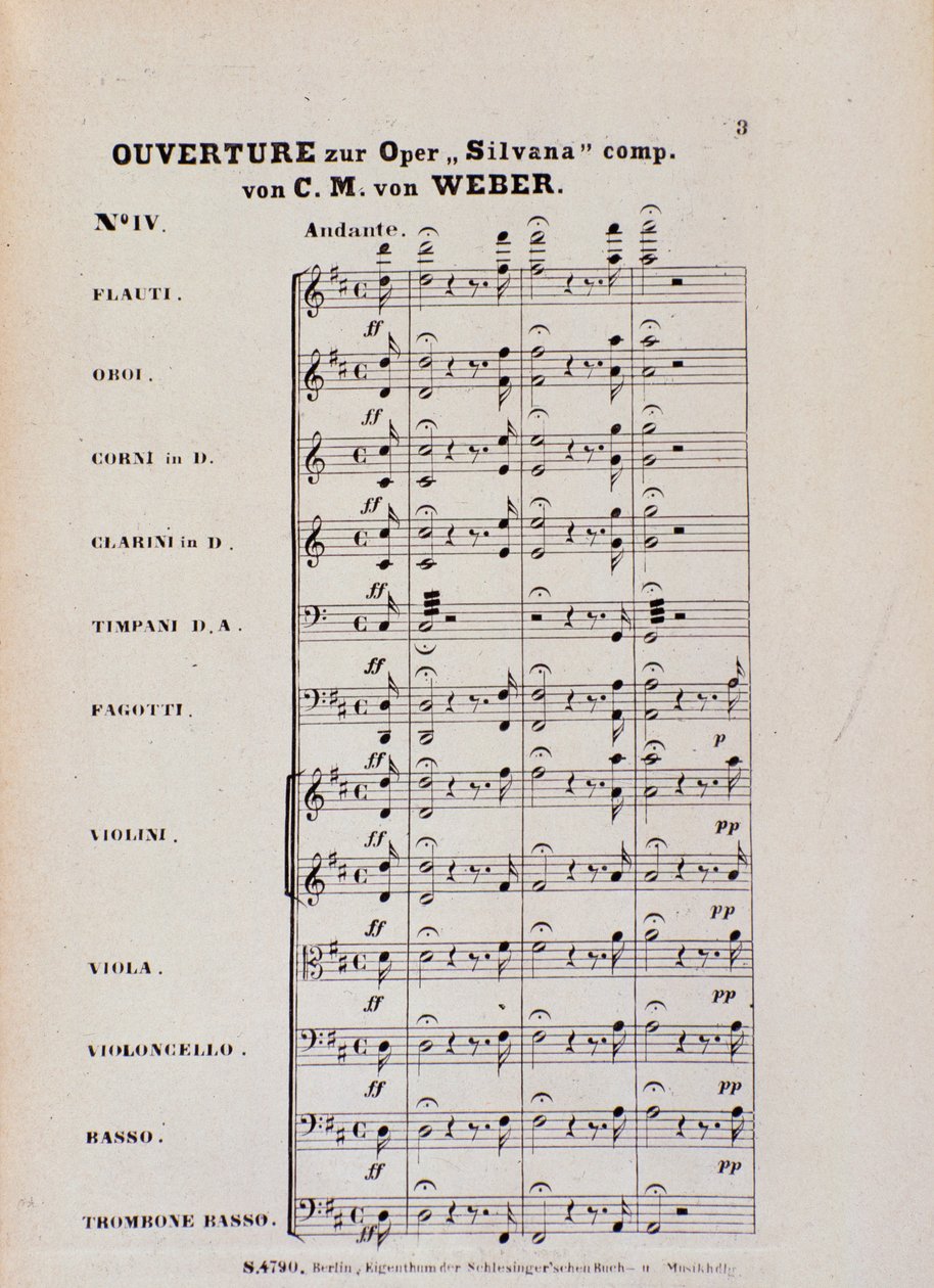 Första sidan av ouvertyren till operan "Silvana" av Karl Maria von Weber (litho) av Italian School